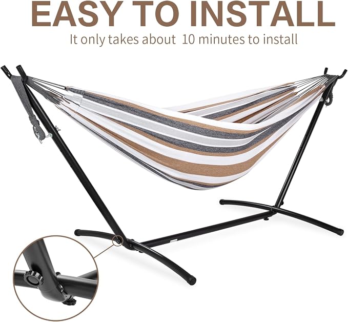 PNAEUT Double Hammocks with Stand for Outside, Portable Space Saving Heavy-Duty Steel Frame for Indoor Outdoor Patio Yard, Easy Assembly, 2 Person 450 lbs Capacity (Coffee)