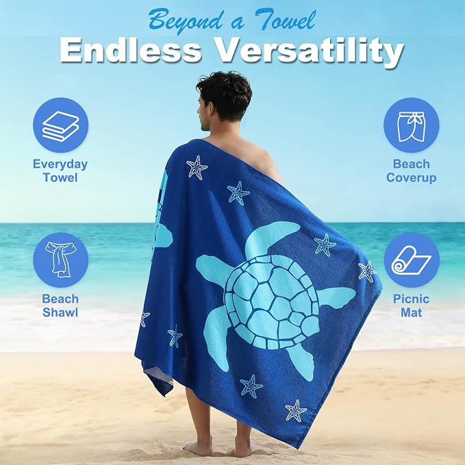 Jessy Home Microfiber 4 Pack Beach Towel Set, 40x70in Oversized Beach Towel, Quick-Dry Sand-Free Highly Absorbent Swim Towel, Soft Pool Towel, Marine Mixed Prints of Starfish & Sea Turtle for Vacation