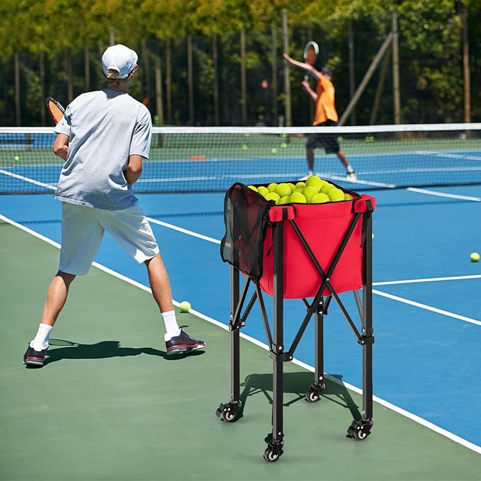 Tennis Ball Hopper Cart with Wheels, Portable Tennis Ball Basket Holds 150 Balls, Collapsible Aluminum Tennis Basket for Balls Pickup, Pro Sports Teaching Cart for Tennis Pickleball Baseball