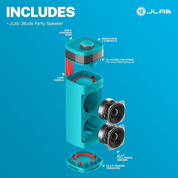 JLab, JBuds Party, Portable Bluetooth Speaker, Waterproof Outdoor Speaker, RGB Lighting, Multi-Speaker Connect, Cyan