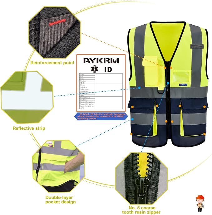 Small Yellow&Navy High Visibility Safety Vest with ZIPPER 4 Reflective Strips 7 Pockets