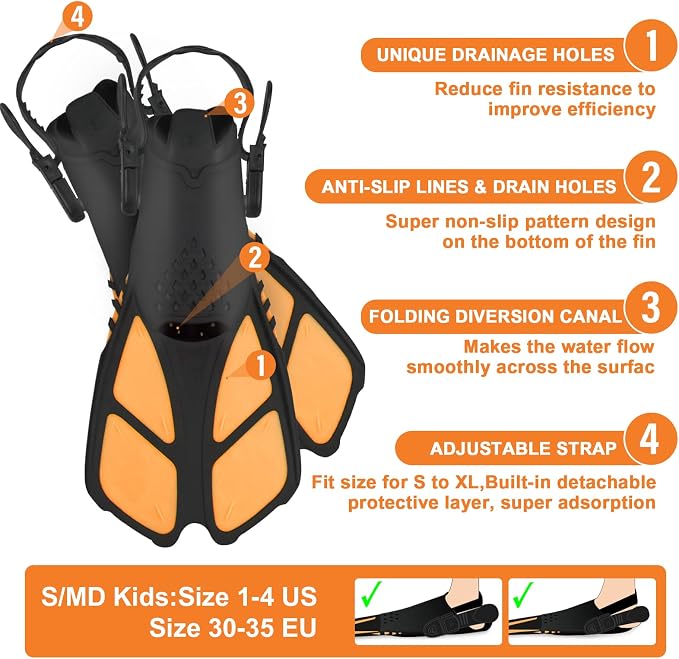 Kids Snorkeling Set - Adjustable Flippers + Panoramic Snorkel Mask + Dry Snorkel Tube + Travel Bags - Suitable for Kids & Juniors, Age 5-14