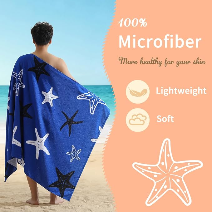 Belista Oversized Beach Towels 4 Pack,40”x70” Microfiber Thin Large Beach Towel Set for Adults Travel Camping Swimming,Turtle Starfish Them Sand Free Quick Dry Lightweight XL Pool Towels -Navy & Blue