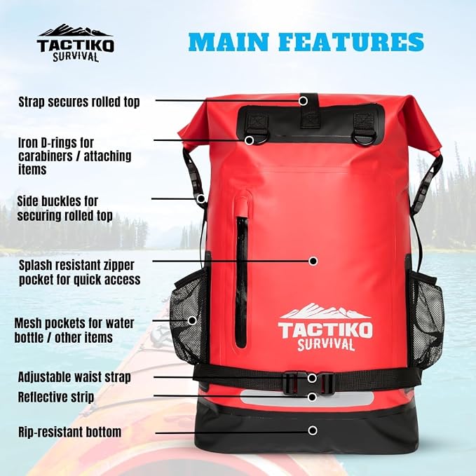 TACTIKO 35L Heavy-Duty 100% Waterproof Backpack, Roll Top Dry Bags for Kayaking, Hiking, Camping, Survival