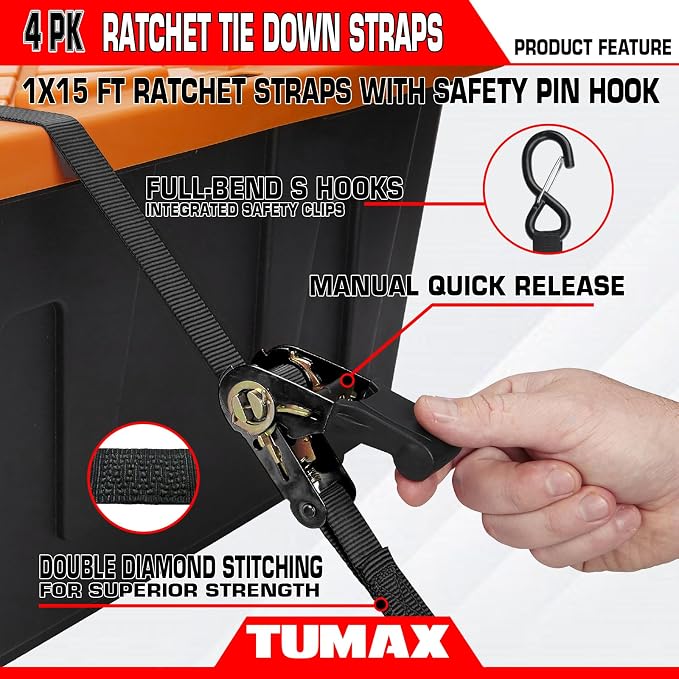 4-Pack Ratchet Straps, 15 FT Heavy Duty Tie Down Straps with 2000 LBs Break Strength, Ergonomic Rubber Handle & 4 Soft Loops, Cargo Straps for Motorcycle, ATV, UTV, Trailer & Moving - Black