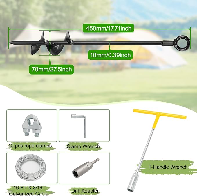 8 Pack 18" Heavy Duty Ground Anchors Shed Anchor Kit with 3/16" Galvanized Cable, Swing Set Anchors Trampoline Stakes for Shed Canopy Gazebo Carport Tent