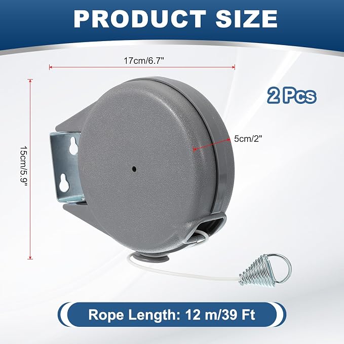 uxcell 2 Pcs 39ft Retractable Clothesline Outdoor Indoor, Heavy Duty PVC Clothes Line Retracting Laundry Line with 12 Pcs Clothespins for Wet Dry Clothing, Gray