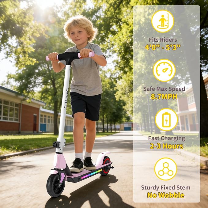 SIMATE Electric Scooter for Kids 6-14, Colorful Lights & Double Brake System, Aluminum Alloy Frame, Foldable, LED Display, for Boys Girls