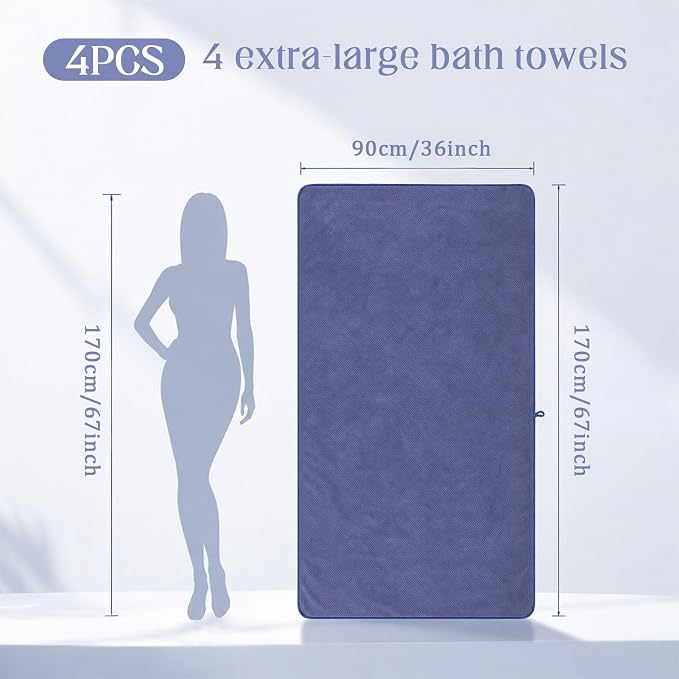 4 Pack Microfiber Bath Towels, 36 X 67 Inches Extra Large Bath Towels, Super Absorbent Soft Fast Drying Oversized Towel for Bathroom Gym Travel Pool Grey and Deep Blue