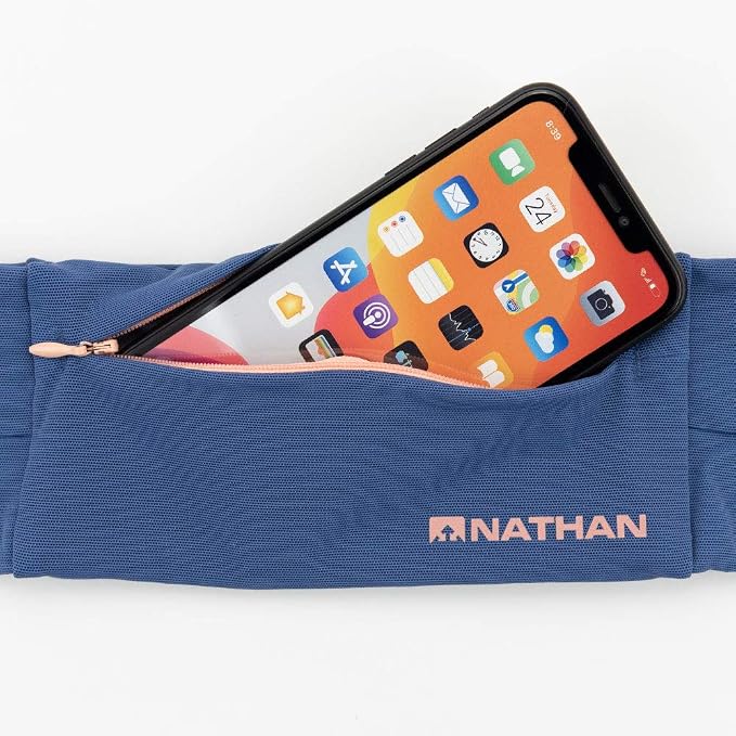 Nathan Zipster Running Belt for Men and Women, Bounce Free Waist Pack, Running Fanny Pack Women, Pockets with Zippers, Fits All iPhones, Navy, X-Small