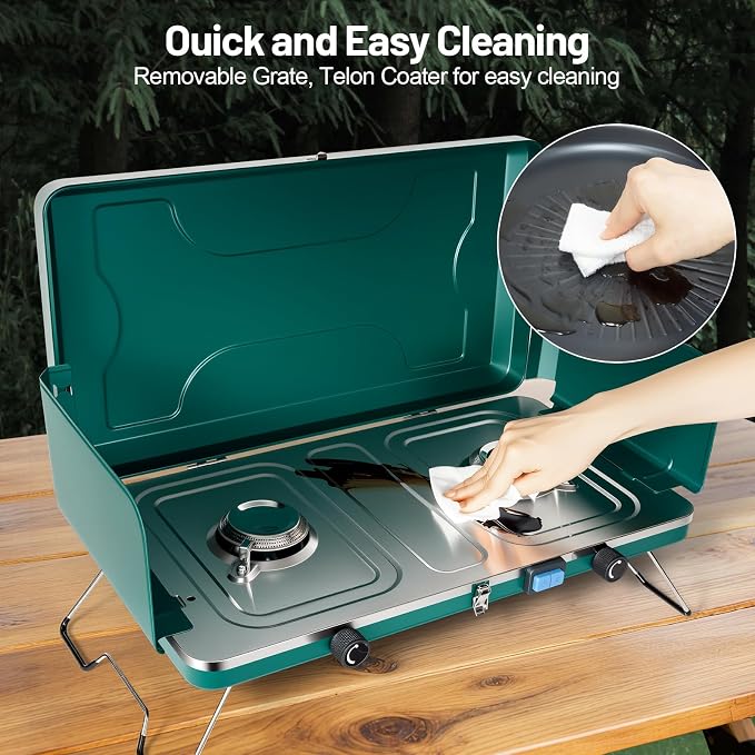 2-Burner Propane Stove, Portable Camping Cooktop with 2 Adjustable Burner and Wind Guards, 20000BTU Camping Stove with Ignition & Griddle for Camping,Tailgating, BBQ, Grilling,Outdoor Gear