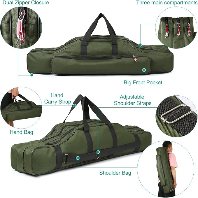 Fishing Rod Case - Three Layer Oxford Portable Folding Pole Bag, Waterproof Tackle Storage, Travel Bags for Camping, Hiking