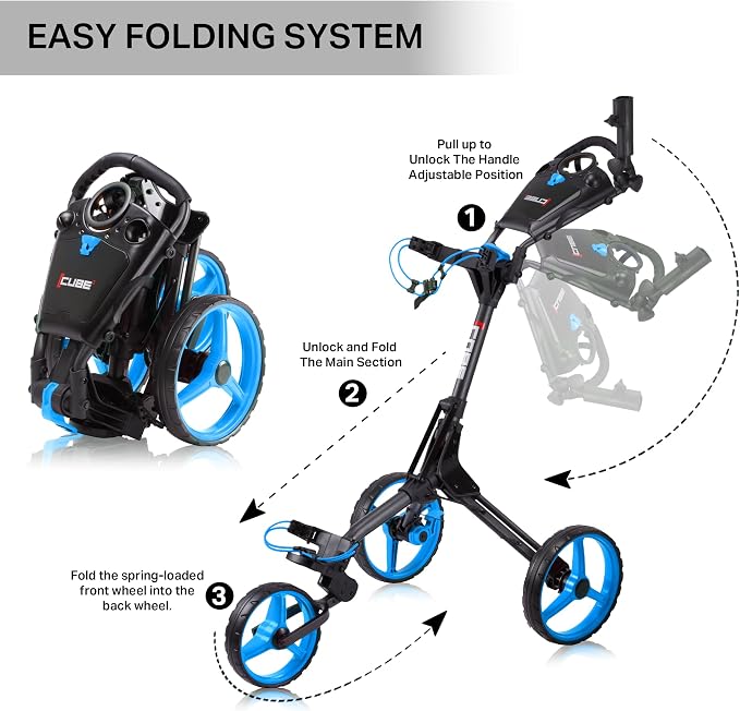 CUBE CART 3-Wheel Golf Push Cart – Ultra-Compact 14.5 lb Folding Golf Trolley, Two-Step Fold, Adjustable Handle, Foot Brake, Umbrella Holder & Built-in Storage