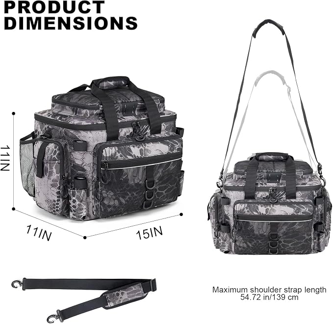 Rabjen Fishing Tackle Bag with Rod Holders & Cooler Main Compartment – Large Capacity Fishing Bag for Organized Gear Storage