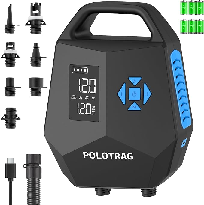 Polotrag Paddle Board Pump, SUP Pump Electric Portable with Auto-Off/Deflation, Dual Stage 12V DC Car Connector Air Pump for Inflatables, Kayak and Air Mattress