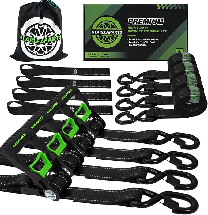 Motorcycle Tie Down Strap (4PK 1.5INX8FT) - 5,250lb Break Strength, Ratchet Straps Heavy Duty, Soft Loop Ratchet Straps for Moving Appliances, Lawn Equipment, Cargo Straps for Trucks