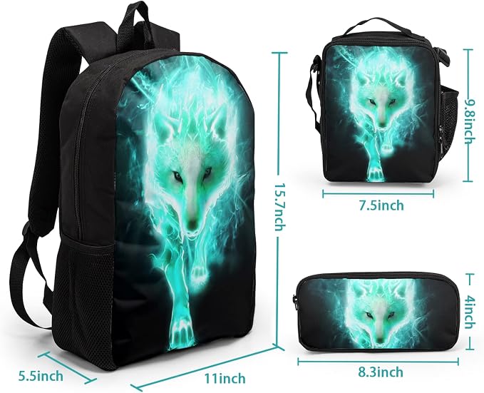 Giwawa Cyan Wolf Backpack 3-Piece Set, Cool Wilderness Animal Pattern Bookbag Lunch Bag Stationery Holder Case for School College Students Daily Essentials Camping Trips Outdoor Travel