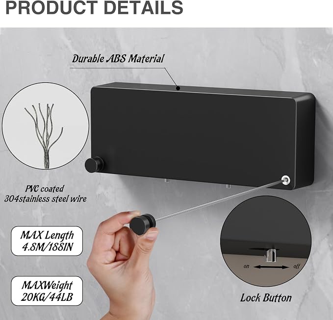 Retractable Clothesline Indoor, Non-Sagging Clothes line retracting Outdoor, Heavy Duty Wall Mounted Laundry Line Adjustable Stainless Steel for Laundryroom, Bathroom, 15.8 Feets Double Lines Black