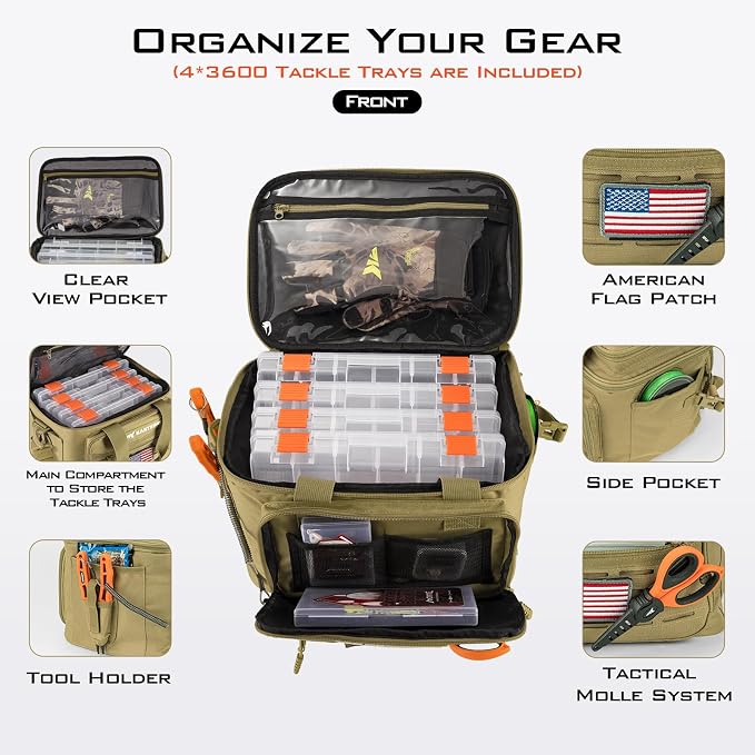 KastKing Karryall with Box Tackle Bag, Saltwater & Freshwater Gear Storage | 4 x 3600 Tackle Trays are included, Water-resistant, Padded Shoulder Strap, 20L, Store up to (6) 3600 size Lure Boxes