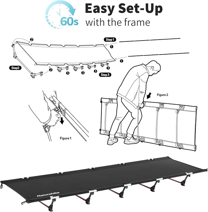 Naturehike Ultralight Camping Cot, Easy to Assemble Folding Tent Cot, Compact & Protable Camping Bed for Camping, Mountaineering, & Hiking, Supports 330lbs with Carry Bag, GreenWild Dark Black