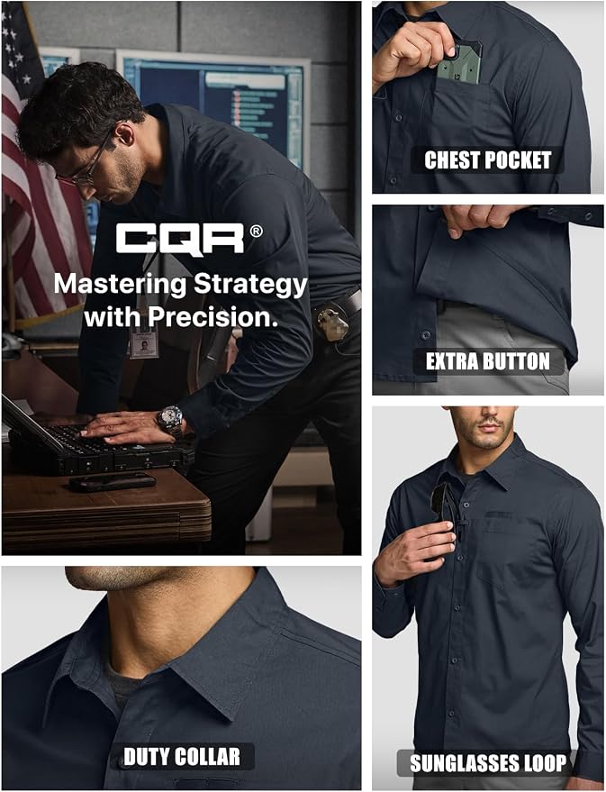 CQR Men's Long Sleeve Tactical Shirts, Ripstop Military Work Shirts, UPF 50+ Breathable Button Down Outdoor Hiking Shirt