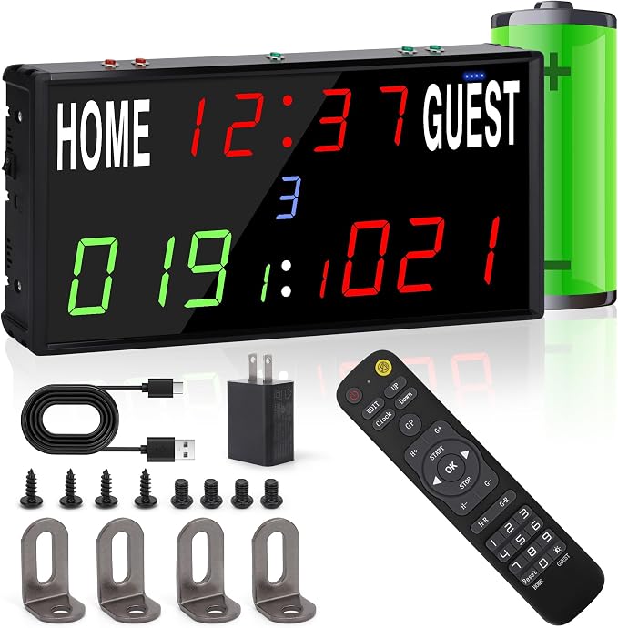 LED Electronic Scoreboard Digital Score Keeper with Remote/Timer/Shot Clock,Portable Basketball Scoreboard with 40-Foot Remote Control ,100FT VISIBLE,24H Clock,Score History,6 Brightness,3 Placements
