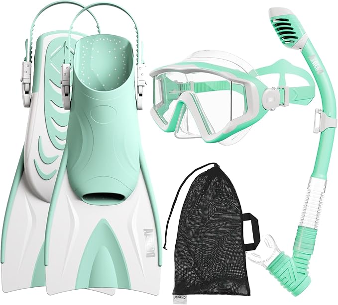 Aegend Snorkeling Gear for Kids Youth – 4-in-1 Snorkel Set with Anti-Fog Mask, Dry Snorkel & Adjustable Fins for Swimming, Diving, Snorkeling, Beach Vacation – Includes Travel Mesh Bag