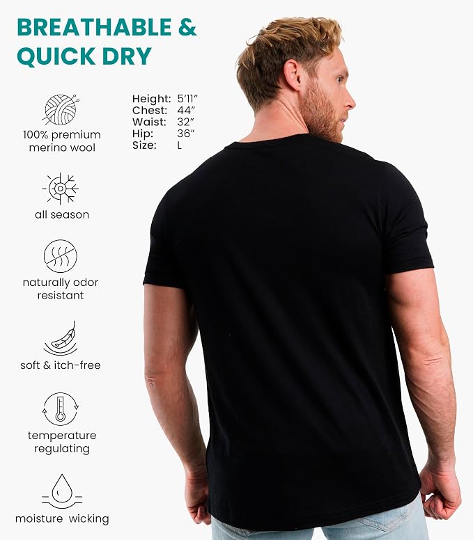 Merino Wool T-Shirt Mens - Merino Wool Undershirt Thermal Shirt for Men and Hiking Socks