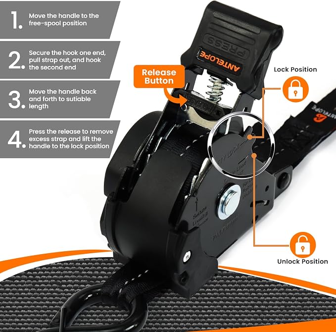 Retractable Ratchet Straps (2PK) - 1 in x 12 ft Automaitc Ratchet Tie Down Straps with Soft Loops, 1500lb Break Strength Self Retracting Strap for Motorcycle, Truck, Cargo, Trailer, ATVs, UTVs -Black