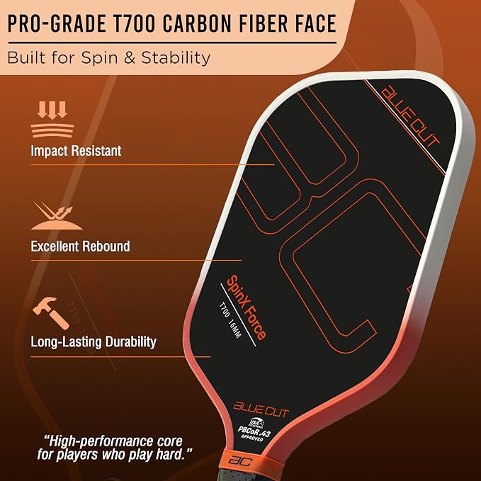 Blue Cut Pickleball Paddle – USAPA Approved Pickleball Paddles Racket with T700 Carbon Fiber, 16mm Honeycomb Core, Spin Surface, Pro Power Speed & Control – Includes Carry Bag
