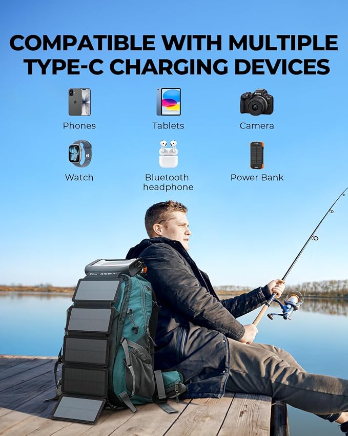 BLAVOR Portable Foldable Solar Charging Pack, Built-in Charging Cable & Crossbody Lanyard, 10W High-Efficiency Solar Panels with USB-C Port, Waterproof Durable for Outdoor Camping Hiking Backpacking