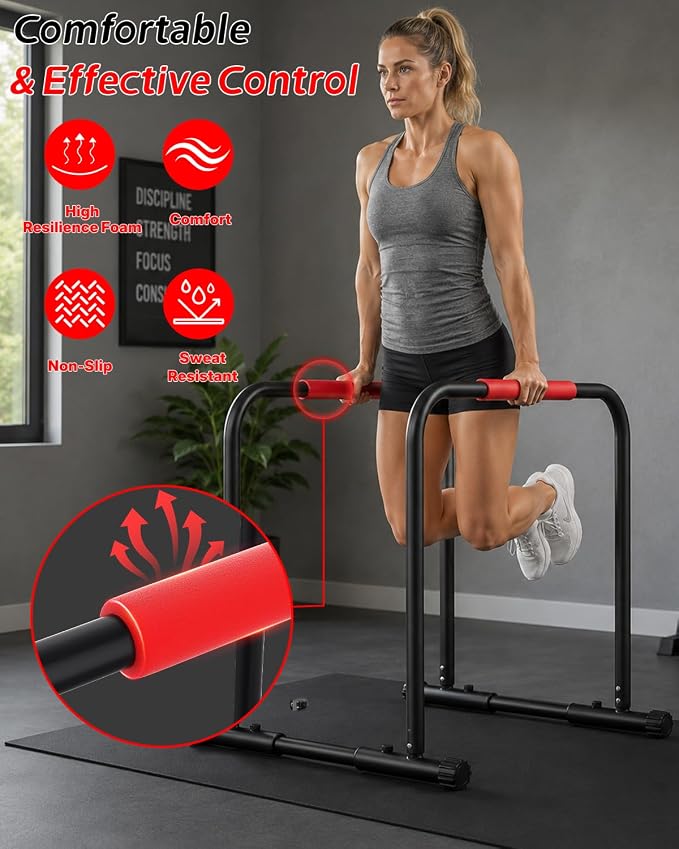 Dip Bar Station, 1100LBS Heavy-Duty Adjustable Height & Width Parallel Bars with Dual Inner Connectors ltra-Stable Settings & Non-Slip Feet for Home Gyms, Upper Body & Core Training