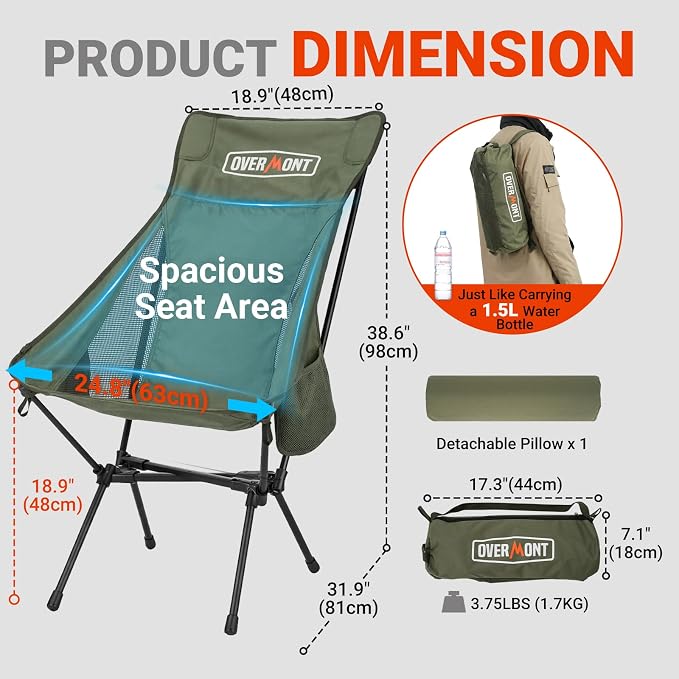Overmont Oversized Camping Chair for Adults - 400lbs Support Heavy-Duty Padded Seat Outdoor Portable Folding Chair with Cooling Bag Cup Holder Carry Bag Comfortable for Sport Garden Beach Fishing Lawn