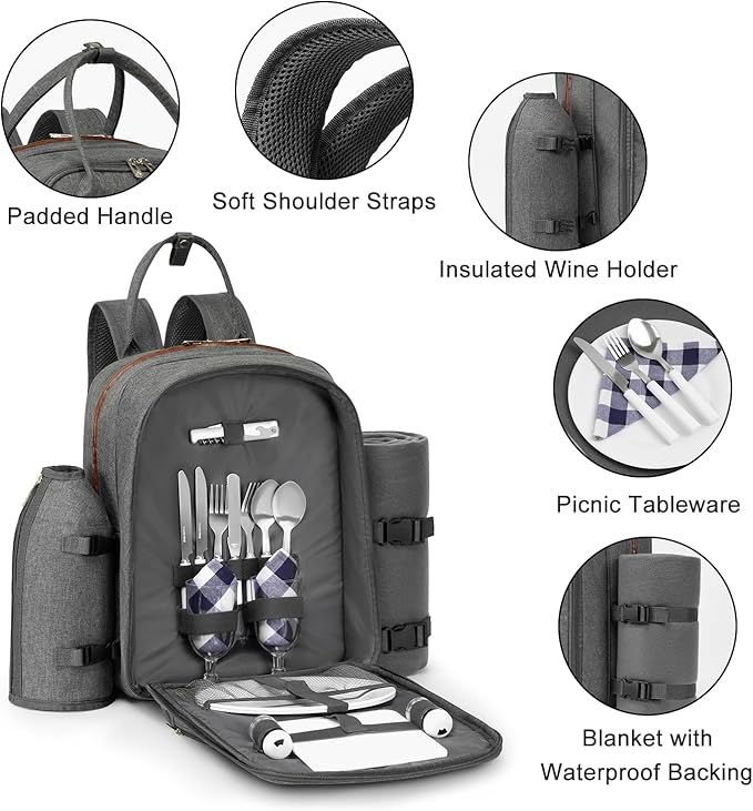 ALLCAMP Picnic Backpack, 2-Person Set with Blanket and Wine Holder, Gray | Insulated compartment, padded straps, Oxford fabric, couple gifts, family, camping, beach, climbing, parks, hands-free