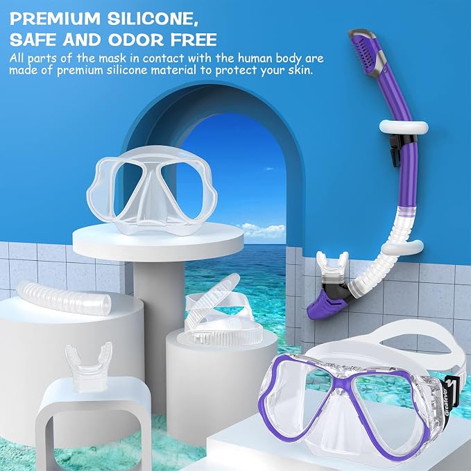 Greatever Dry Snorkel Set,Panoramic Wide View Anti-Fog Scuba Diving Mask,Professional Snorkeling Gear for Adults Kids