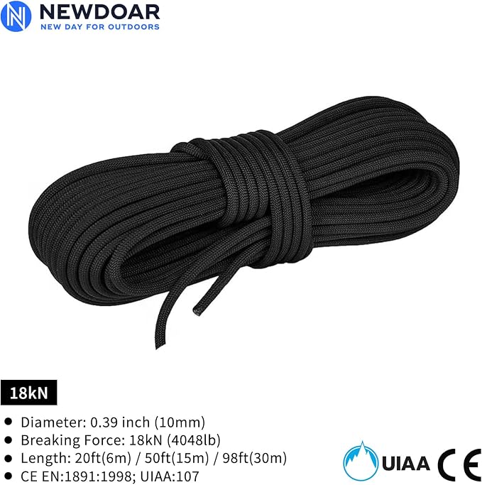 NewDoar 10mm(3/8inch) Accessory Cord Rope CE 24KN Double Braid Pre Cut for Outdoor Survival, Mountaineering, Prusik,Hauling Dragginge(Black 10mm,20FT)