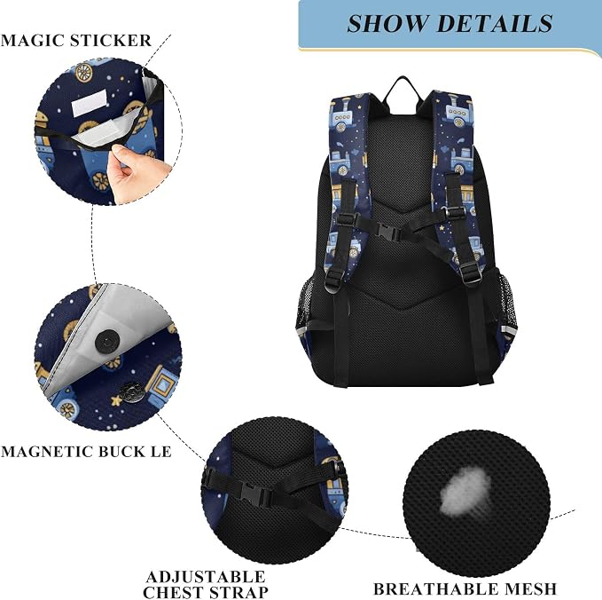 Fisyme Trains Cute Blue School Backpack Laptop Backpacks Bags Bookbag Travel Casual Computer Notebooks Daypacks