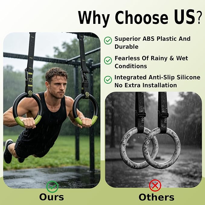 QUOLIX Gymnastic Rings with Adjustable Straps, Non-Slip Pull Up Rings with Straps, 1300lbs Exercise Rings with Straps for Home, Gymnastics Rings for Home Gym, Workout, Exercise, Training, Calisthenic