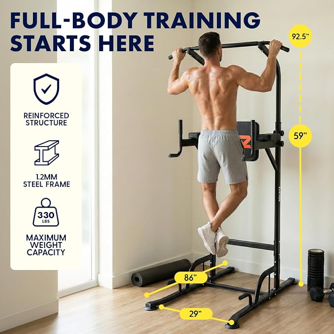 SQUATZ Power Tower Pull Up Station with Free Standing Pull Up Bar, Multi-Grip Workout Frame with 6 Adjustable Heights, H-Base Stability, Steel Construction, 330 lb Capacity for Home Gym, Black