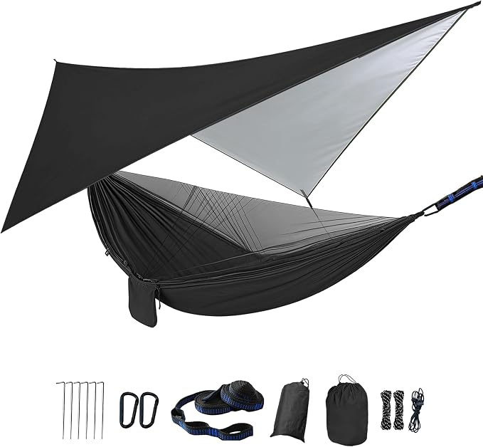 Camping Hammock with Rain Fly Tarp Mosquito Net Heavy Duty Tree Straps Portable Double Parachute Hammocks Tent Waterproof Rainfly Set