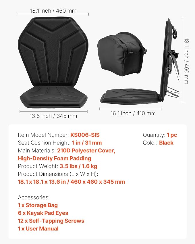 VEVOR Kayak Seat, Universal Paddle Board Seat with Adjustable Back Support, Multiple Thickness Options (0.5” to 2.6”), Soft Padded Cushion & Storage Bag for SUP, Canoe, Fishing Boat, Inflatable Kayak