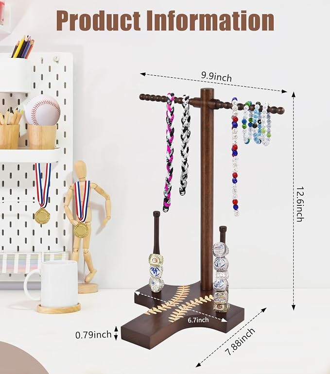 Wooden Jewelry Towers Baseball or Softball Drip Necklace Organizer Holder, Championship Ring Display Holder, Baseball or Softball Ring Display Holder Display, Gifts for Kids or Friends