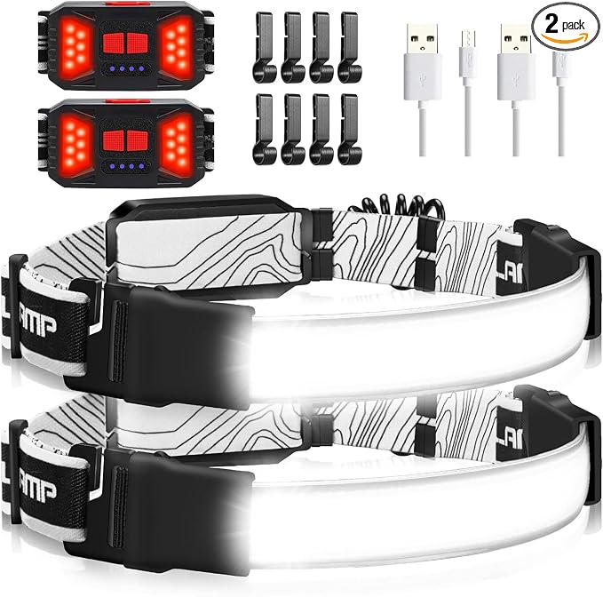 Hopedone 2-Pack Rechargeable Headlamp, 1000LM 230° Wide Beam Head Lamp with Red Rear Light, 3 Front and 3 Rear Modes, Lightweight Hard Hat Light for Running, Dog Walking, Cycling and Work