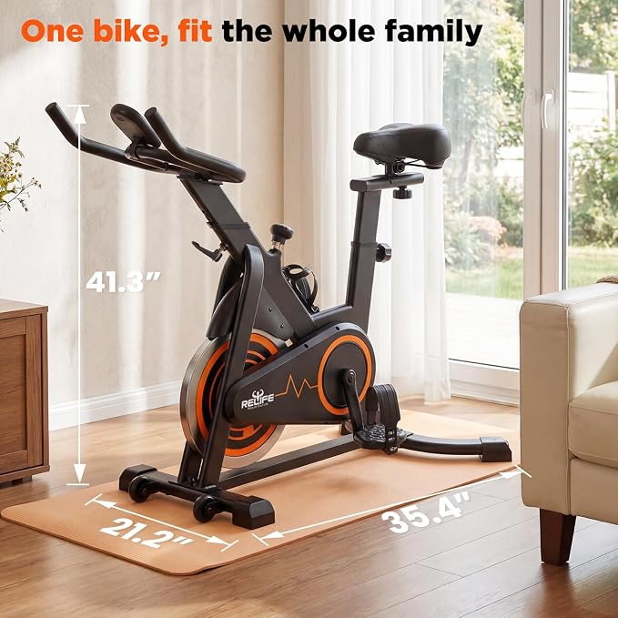 RELIFE REBUILD YOUR LIFE Exercise Bike Stationary for Home Indoor,Cycling Bike with Silent Belt Drive for Home Cardio,Brake Pad Resistance with djustable & Comfort Seat/PAD Holder/LCD Monitor.