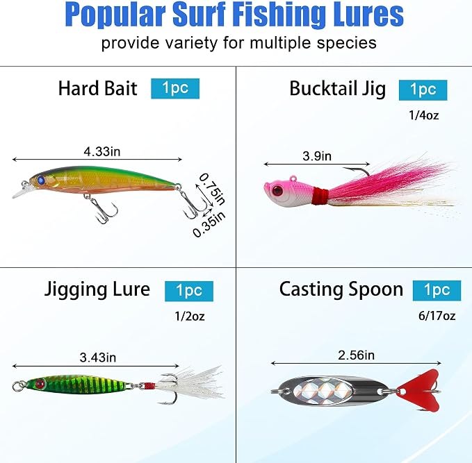 Saltwater Gear Surf Fishing Tackle Kit, Include Saltwater Lures, Pyramid Sinker Weights, Bucktail Jigs, Spoons, Leader Rigs, Catfish Hooks Swivels, Pier Ocean Sea Surf Fishing Freshwater Accessories