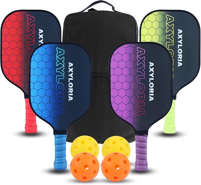 Pickleball Paddles Set of 4, USAPA Approved Pickleball Set with 4 Assorted Colors, Fiberglass Surface with Honeycomb Core, Includes 4 Paddles, 4 Balls, 1 Bag, for Tournament and Group Play