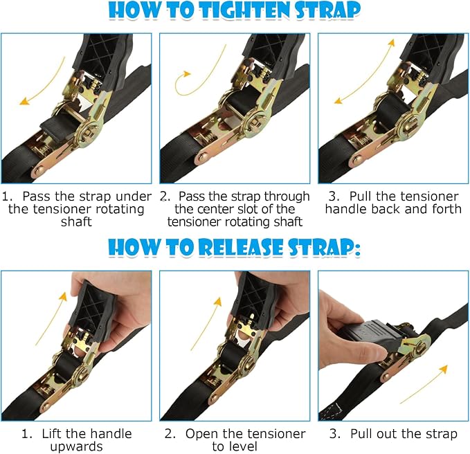 4pc 1in Ratchet Straps - Heavy Duty 20ft Tie Downs with Hooks, Black Ratcheting Straps for Motorcycle & Trucks - 2645 LBS Strength