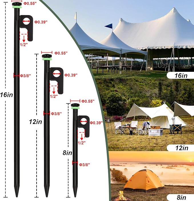 10Pcs Tent Stakes, 16in Heavy Duty Tent Stakes with Storage Pouch, Forged Steel Tent Sakes Metal, Metal Stakes for Tent Used on Grassland, Snowfield, Dessert(10Pcs, 16in, Diameter 3/8")
