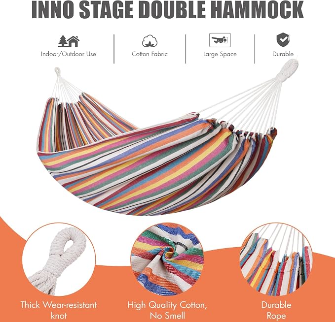 INNO STAGE 2 Persons Hammock with Tree Straps - Brazilian Double Hammock, Portable Hanging Camping Bed for Patio, Backyard, Porch, Outdoor and Indoor Use Soft Cotton Carrying Bag, XX-Large
