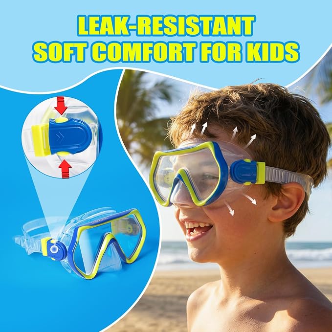 DRMAWIN Snorkeling Gear for Adults & Kids, Dry-Top Snorkel Set with 180° Tempered Glass Mask, Anti-Fog Anti-Leak, Travel Mesh Gear Bag